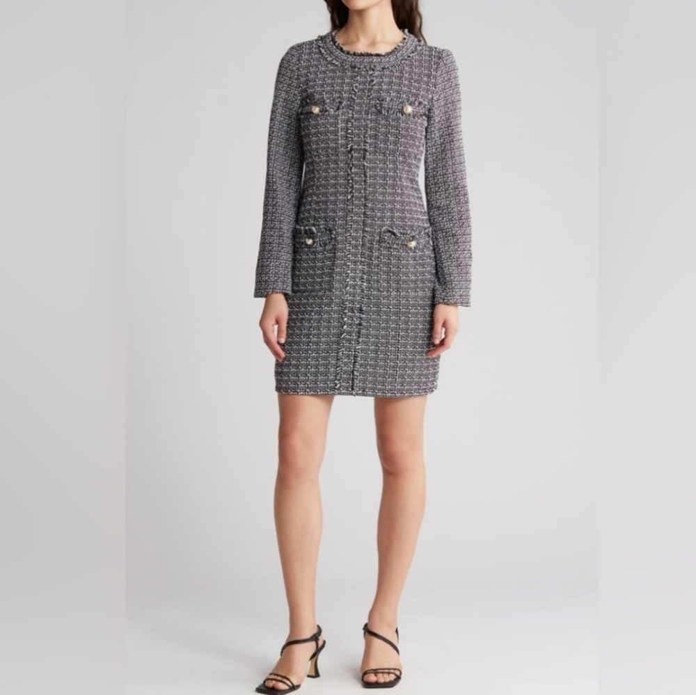 Nanette Lepore Very Black & White Tweed Dress wFringe Trim & Pearl Buttons Sz:14